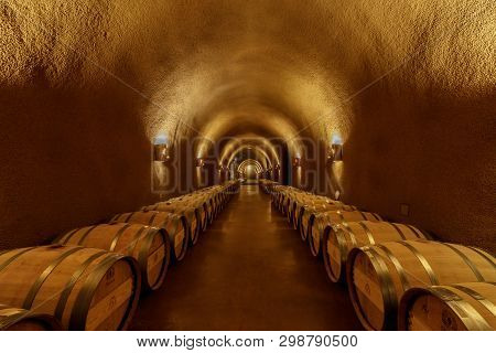 Napa, California - April 28, 2019: Underground Barrel Cave At Jarvis Estate. Due To The Invariant Te