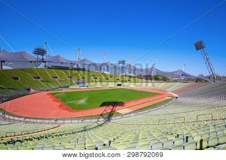 MUNICH - GERMANY April 20, 2019: Olympiapark in Munich, Germany. Olympic Park was constructed for the 1972 Olympics Summer Games.