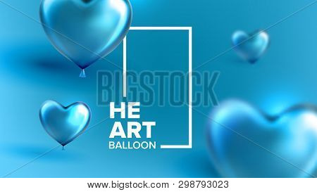 Invitation Postcard For Birthday Party Vector. Card Decorated By Realistic Blue Flying Balloon In Sh
