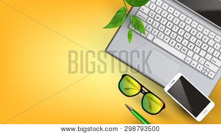 Modern Technology On Workplace Flat Lay Vector. Smartphone On Opened Laptop, Computer Black Frame Sp