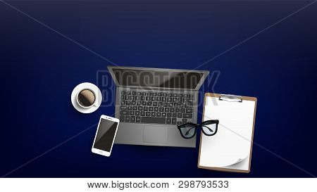 Office Business Working Place Flat Lay Vector. Cellular Phone And Spectacles On Opened Laptop, Blank