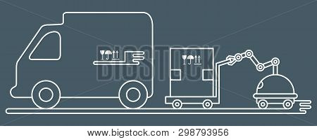 Vector Illustration With Robot Loader Loads Boxes Into A Truck. Automation Warehouse Processes. Smar