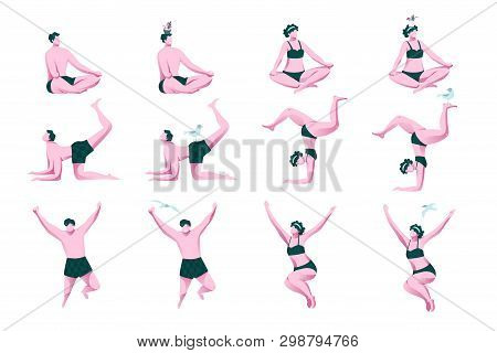 Sunny Beach Yoga Vector Character Set With Man And Woman Doing Yoga. Two Types Of Emotions, Funny An