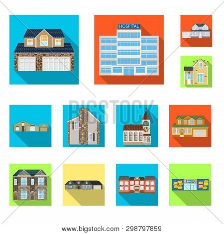 Vector Illustration Of Building And Front Sign. Set Of Building And Roof Vector Icon For Stock.