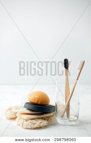 Zero Waste Bathroom. Natural Products Sponge, Konjac, Washcloth, Soap, Glass Tumbler, Toothbrush On 