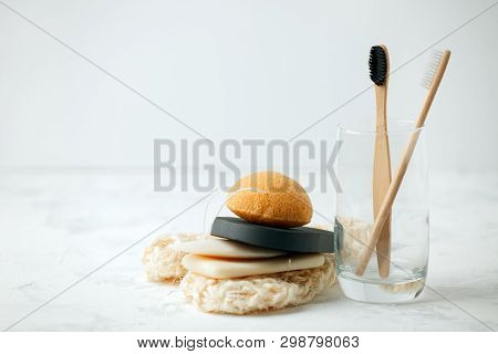 Zero Waste Bathroom. Natural Products Sponge, Konjac, Washcloth, Soap, Glass Tumbler, Toothbrush On 