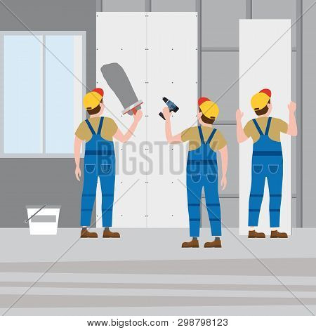 Workers Put Plaster, Installing Gypsum Plasterboard Panels In The Interior. Vector Illustration, Iso