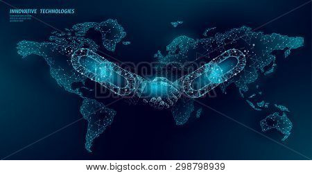Blockchain Technology Agreement Handshake Business Concept Low Poly. Polygonal Point Line Geometric 