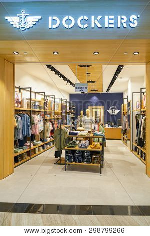 SINGAPORE - CIRCA APRIL, 2019: entrance to Dockers store in Jewel Changi Airport.