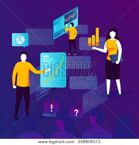 Vector Concept Illustration -  Man With Presentatio, Meeting In Office. Modern Bright Banner Templat