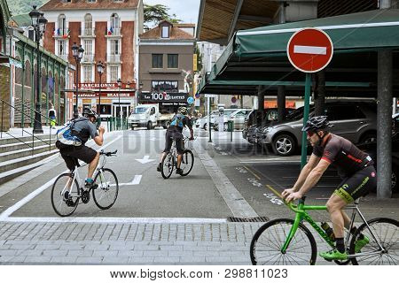 Lourdes, France - June 18, 2018: A Group Of Cyclists On Place Du Champ Commun