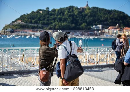 San Sebastian (donostia), Basque Country, Spain - June 17, 2018: The Film Crew Makes A Family Video 