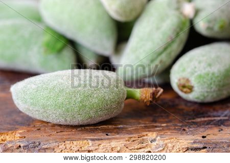Stack Of Fresh Green Almond  Fruits On The Table İn The Kitchen.