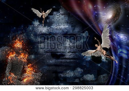 Abstract clouds. Words. Burning man in lotus pose. Pattern of maze on his skin. Face  in the sky. Naked man with wings represents angel. Warped space. 3D rendering