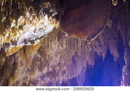 Impressive Formations Of The Stalactites And Stalagmites In Dirou Cave. Greek Destination .natural B
