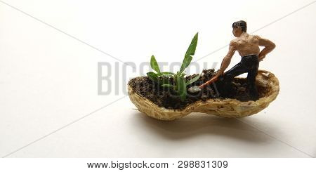 Conceptual Illustration, Keep Struggle, Mini Figure Man Farming At Limited Area, Peanut Skin, With W