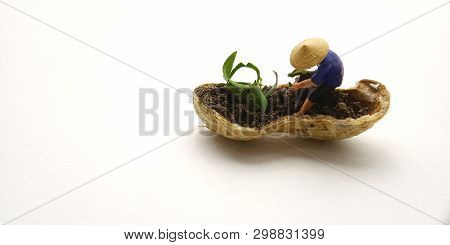 Conceptual Illustration, Keep Struggle, Mini Figure Man Farming At Limited Area, Peanut Skin, With W