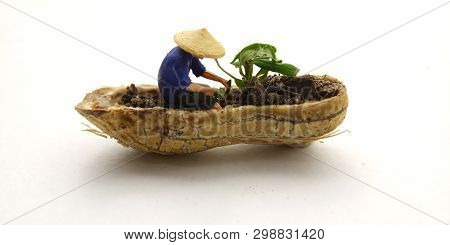 Conceptual Illustration, Keep Struggle, Mini Figure Man Farming At Limited Area, Peanut Skin, With W