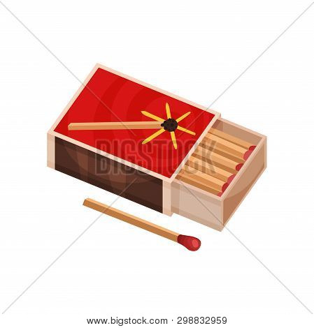Open Matchbox Near To One Match. Vector Illustration.