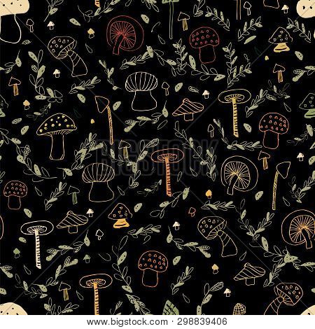 Woodland Mushroom Line Seamless Pattern. Perfect For Woodland Design
