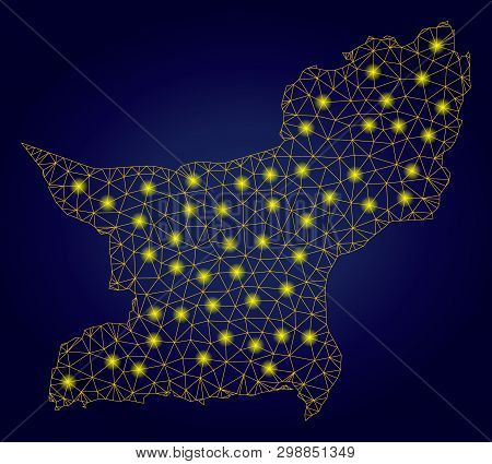 Yellow Mesh Vector Balochistan Province Map With Glare Effect On A Dark Blue Gradiented Background. 