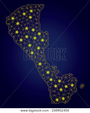 Yellow Mesh Vector Boracay Island Map With Glare Effect On A Dark Blue Gradiented Background. Abstra