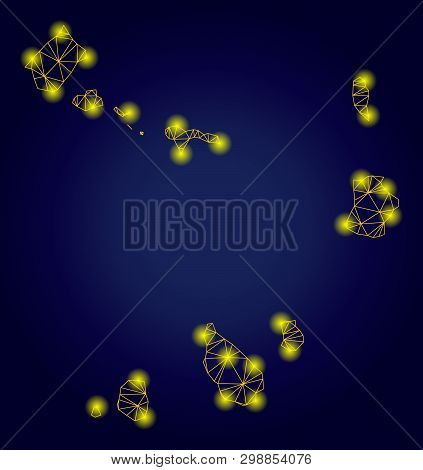 Yellow Mesh Vector Cape Verde Islands Map With Glare Effect On A Dark Blue Gradiented Background. Ab