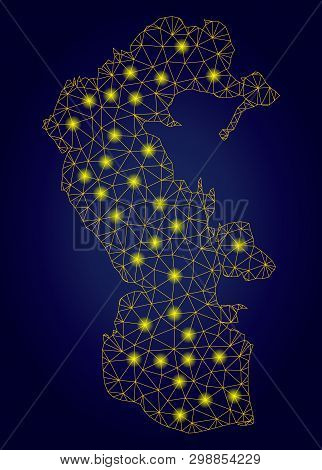 Yellow Mesh Vector Caspian Sea Map With Glow Effect On A Dark Blue Gradiented Background. Abstract L