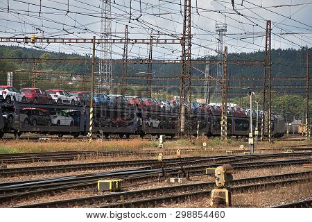 Ceska Trebova, Czech Republic - 20.4.2019: Train Wagons For Transporting Cars. Railway Junction And 