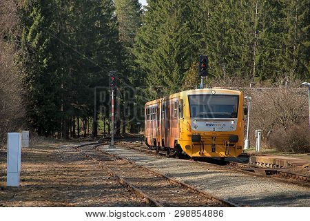 Kvetna, Czech Republic - 20.4.2019: Passenger Train On The Route Policka - Svitavy. Kvetna Train Sta