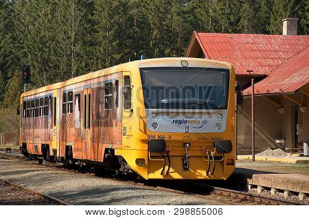 Kvetna, Czech Republic - 20.4.2019: Passenger Train On The Route Policka - Svitavy. Kvetna Train Sta