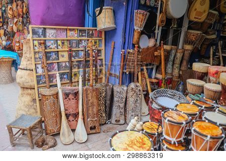 Essaouira, Morocco. March 11, 2014 : Traditional Musical Instruments And Music Cds For Sale In A Mus
