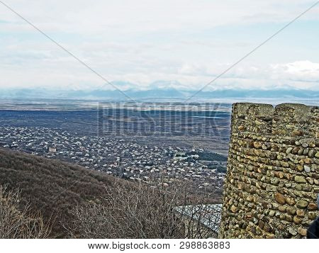 Top View Of Alazani Valley In Georgia In Springtime, In The Distance Through The Haze Visible To The
