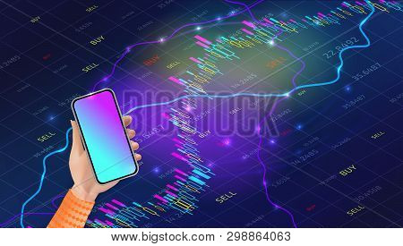 Hand Holding Realistic Smartphone Mockup With Blank Screen On Abstract Isometric Background With For