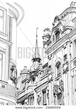 Prague, Tschechische Republik architektonischen Zeichnung im historischen Viertel der Stadt. Vektor Zeichnung