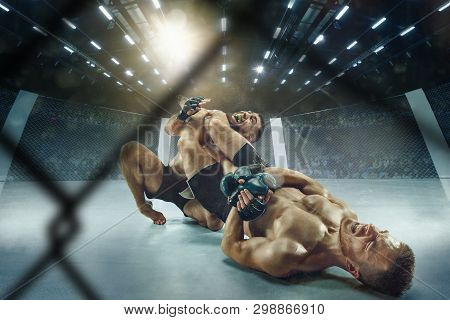 Hot Atmosphere. Two Professional Fighters Posing On The Sport Boxing Ring. Couple Of Fit Muscular Ca