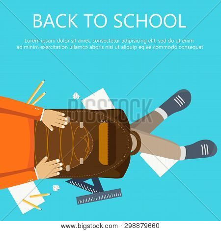 Back To School Banner. Boy Sitting On The Floor With Backpack In His Lap. Flat Vector Illustration
