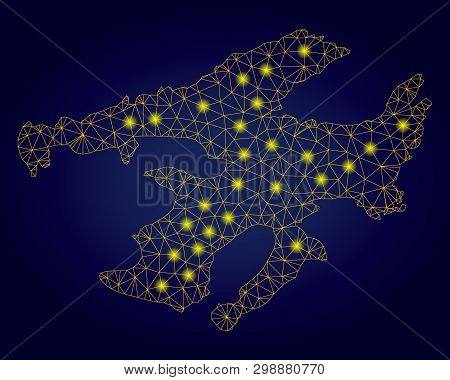 Yellow Mesh Vector Great Bear Lake Map With Glare Effect On A Dark Blue Gradiented Background. Abstr