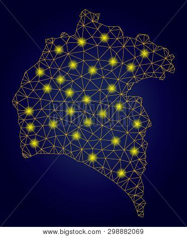 Yellow Mesh Vector Huelva Province Map With Glare Effect On A Dark Blue Gradiented Background. Abstr