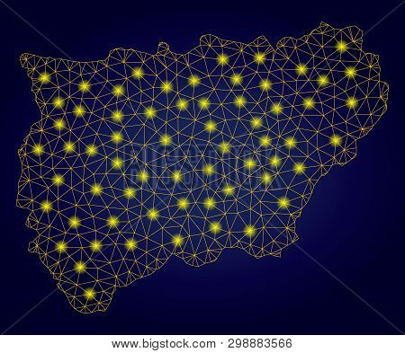 Yellow Mesh Vector Jaen Spanish Province Map With Glare Effect On A Dark Blue Gradiented Background.