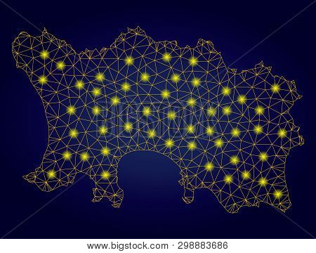 Yellow Mesh Vector Jersey Island Map With Glare Effect On A Dark Blue Gradiented Background. Abstrac