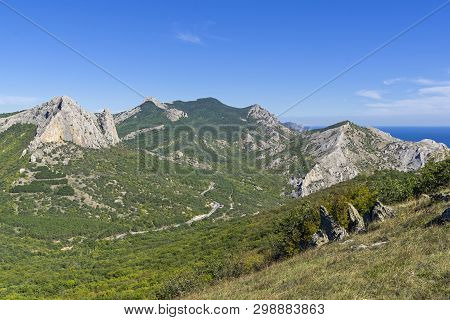 View Of The Valley From The Top Of The Ridge. Crimea, Tokluk Mountain Range, Sunny Day In September.
