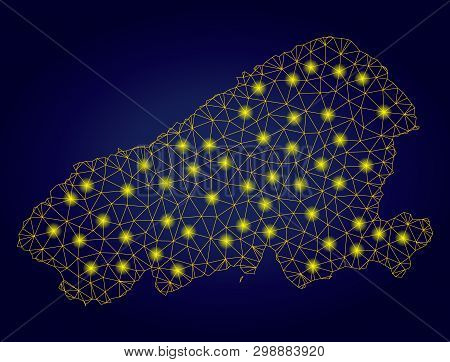 Yellow Mesh Vector Kahoolawe Island Map With Glare Effect On A Dark Blue Gradiented Background. Abst