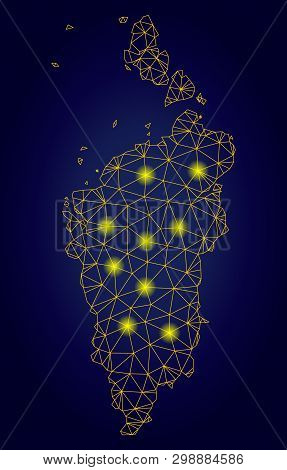 Yellow Mesh Vector Krasnoyarskiy Kray Map With Glare Effect On A Dark Blue Gradiented Background. Ab