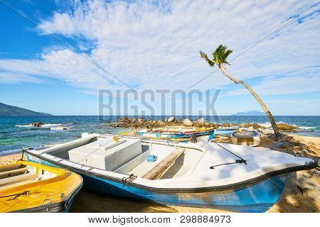 Local Boat For Fishing On Glacis Beach, Mahe Island, Seychelles