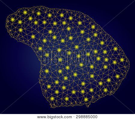 Yellow Mesh Vector Lanai Island Map With Glare Effect On A Dark Blue Gradiented Background. Abstract