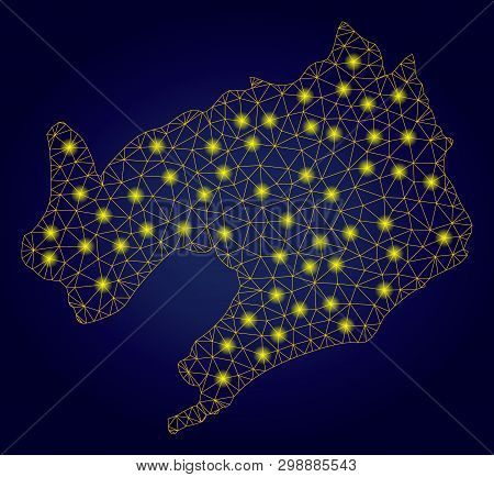 Yellow Mesh Vector Liaoning Province Map With Glare Effect On A Dark Blue Gradiented Background. Abs
