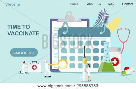 Time To Vaccinate. Vector Illustration Syringe With Vaccine, Bottle, Vaccination Calendar And Doctor