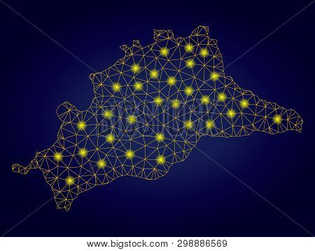 Yellow Mesh Vector Malaga Province Map With Glare Effect On A Dark Blue Gradiented Background. Abstr