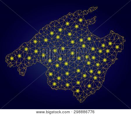 Yellow Mesh Vector Mallorca Map With Glare Effect On A Dark Blue Gradiented Background. Abstract Lin